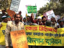 Farmers and trade unions protesting against the EU India free trade agreement